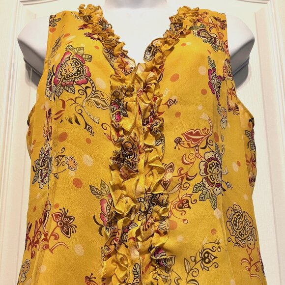 Edward Vintage Women's 100% Silk Floral Sleeveless Ruffle Top Button Up-V Neck M - Picture 3 of 15